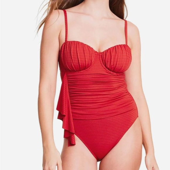 RHODE Other - RHODE Ruched Tummy Embossed Dot Ruffle Red One Piece Swimsuit